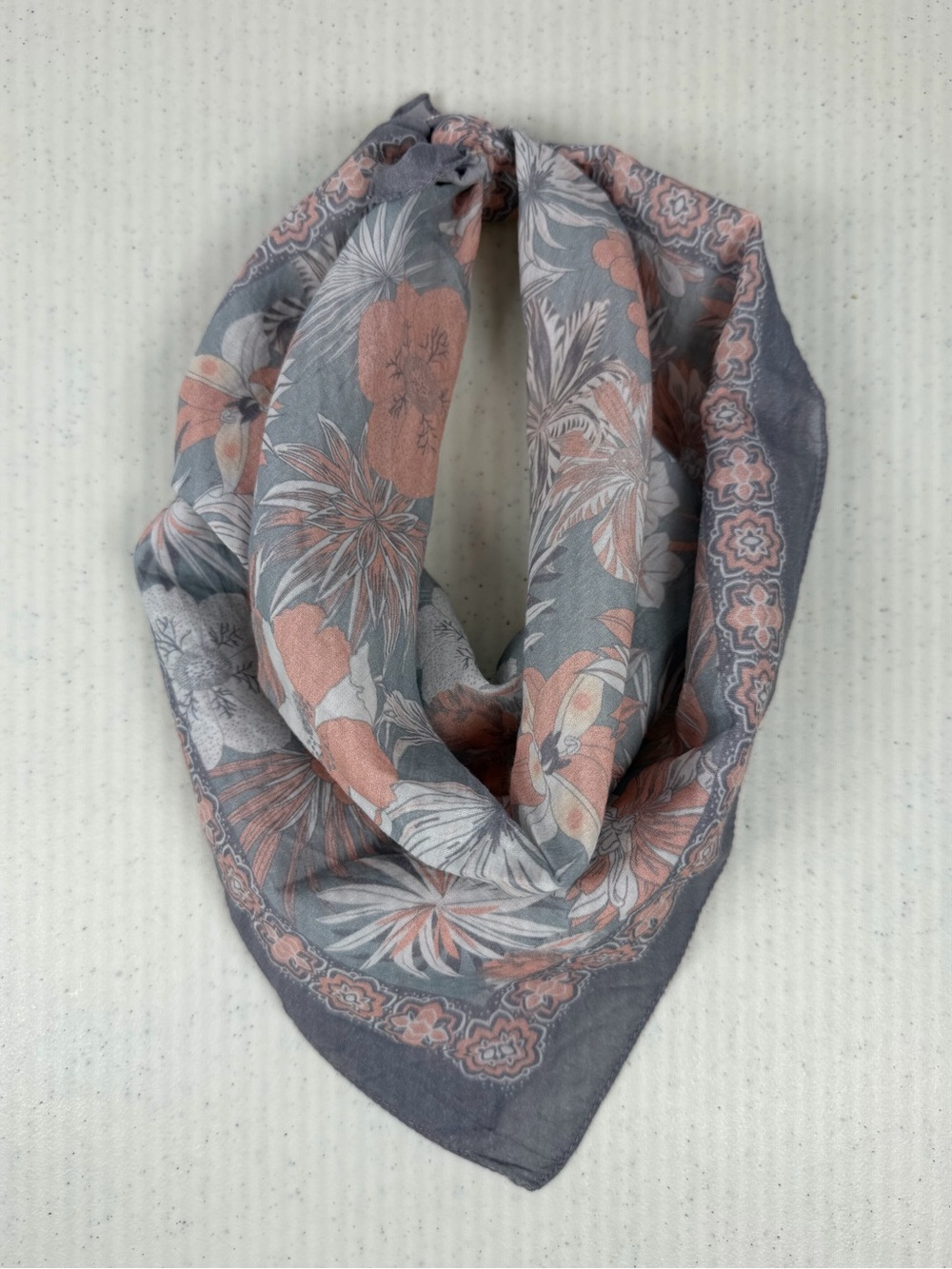 Anthropologie Gray & Peach Floral Square Scarf | Lightweight | Tag Cut